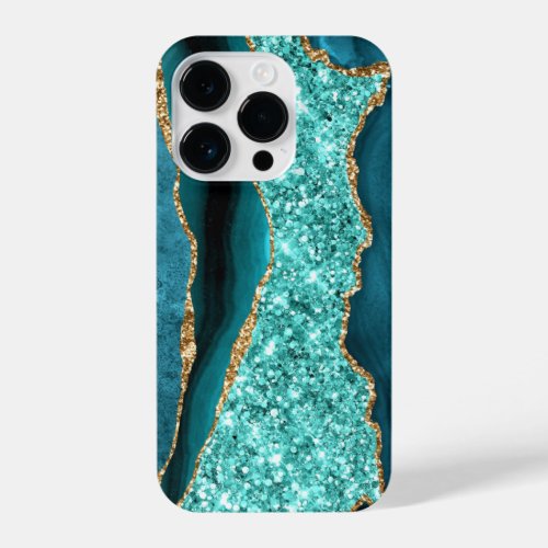 Agate Teal Blue Gold Glitter Marble Aqua Turquoise iPhone 14 Pro Case