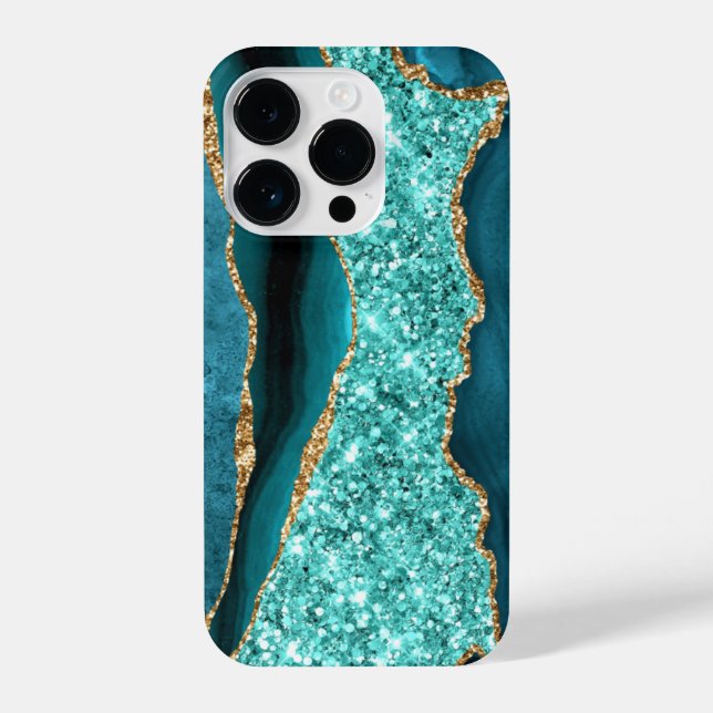 Agate Teal Blue Gold Glitter Marble Aqua Turquoise iPhone Case (Back)