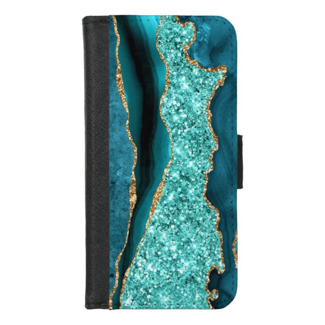 Agate Teal Blue Gold Glitter Marble Aqua Turquoise iPhone Wallet Case (Front)