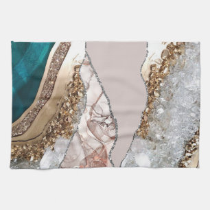 Agate Teal Blue Gold Glitter Marble Aqua Turquoise Kitchen Towel