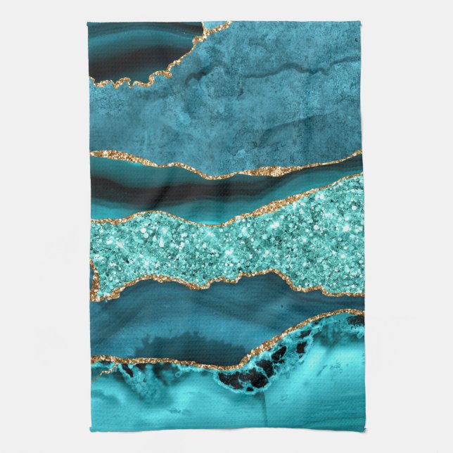 Agate Teal Blue Gold Glitter Marble Aqua Turquoise Kitchen Towel (Vertical)