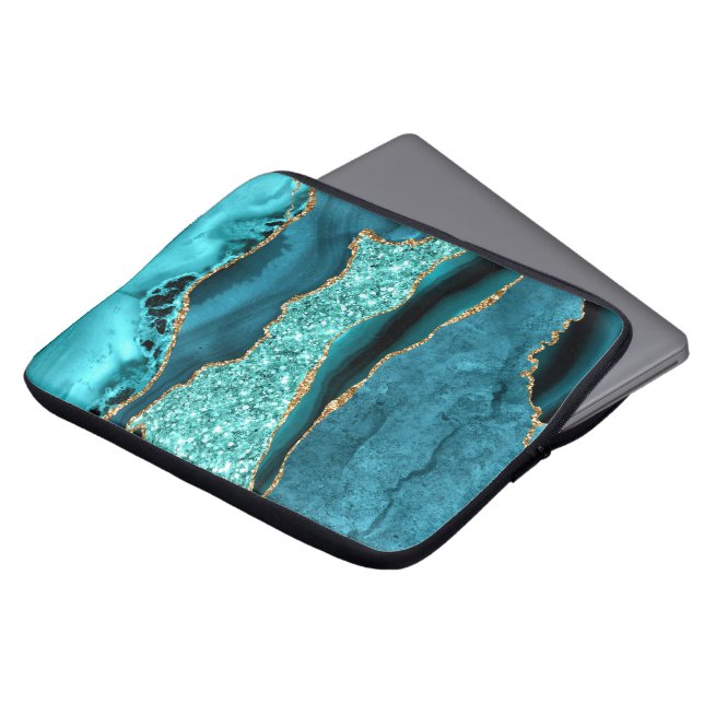 Agate Teal Blue Gold Glitter Marble Aqua Turquoise Laptop Sleeve (Front Top)