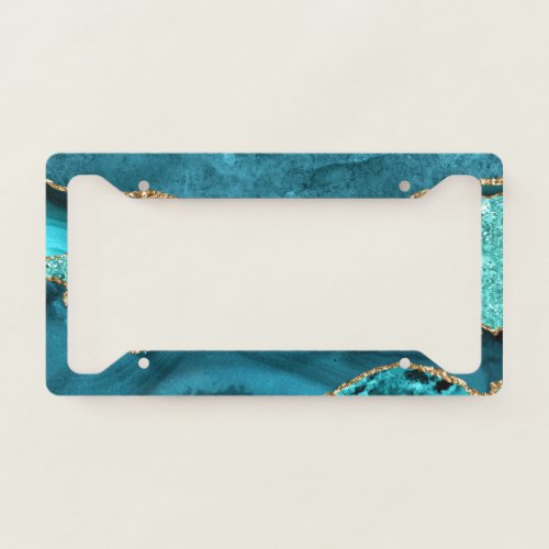 Agate Teal Blue Gold Glitter Marble Aqua Turquoise License Plate Frame