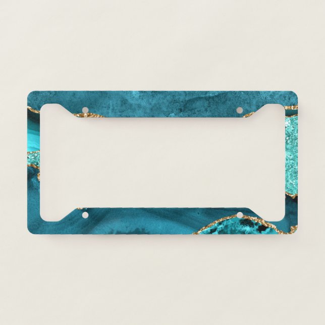 Agate Teal Blue Gold Glitter Marble Aqua Turquoise License Plate Frame (Front)