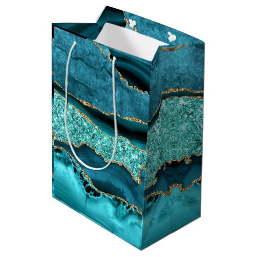 Agate Teal Blue Gold Glitter Marble Aqua Turquoise Medium Gift Bag