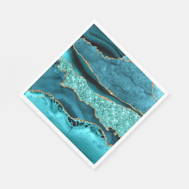 Agate Teal Blue Gold Glitter Marble Aqua Turquoise Napkins (Corner)