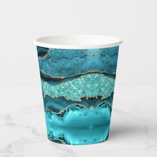 Agate Teal Blue Gold Glitter Marble Aqua Turquoise Paper Cups
