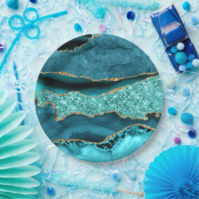 Agate Teal Blue Gold Glitter Marble Aqua Turquoise Paper Plates (Party)