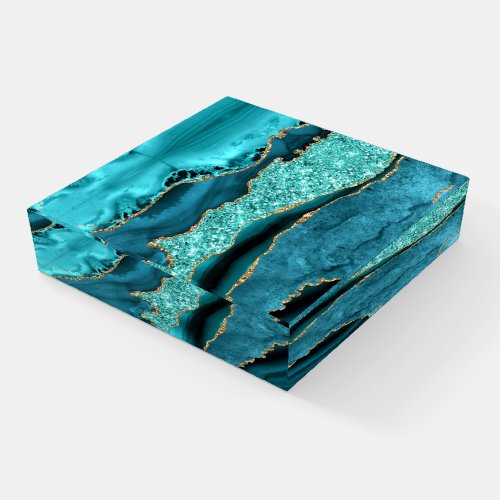 Agate Teal Blue Gold Glitter Marble Aqua Turquoise Paperweight