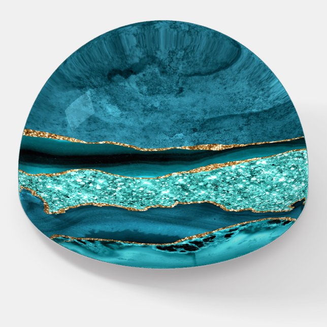 Agate Teal Blue Gold Glitter Marble Aqua Turquoise Paperweight (Angled)