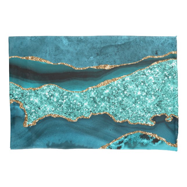 Agate Teal Blue Gold Glitter Marble Aqua Turquoise Pillow Case (Front)