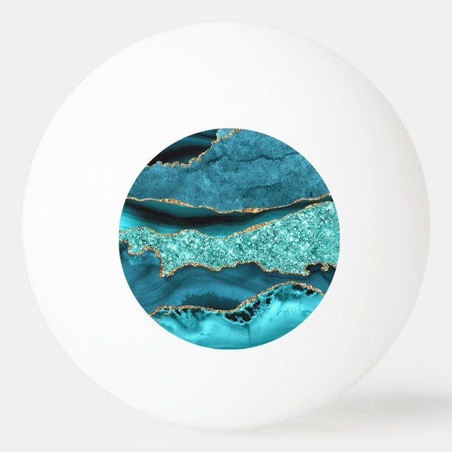 Agate Teal Blue Gold Glitter Marble Aqua Turquoise Ping Pong Ball (Front)