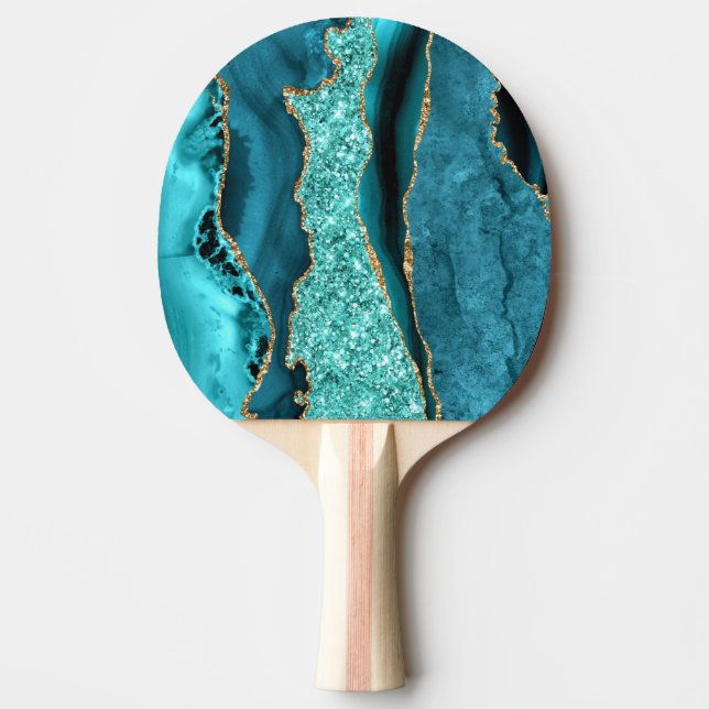Agate Teal Blue Gold Glitter Marble Aqua Turquoise Ping Pong Paddle (Front)