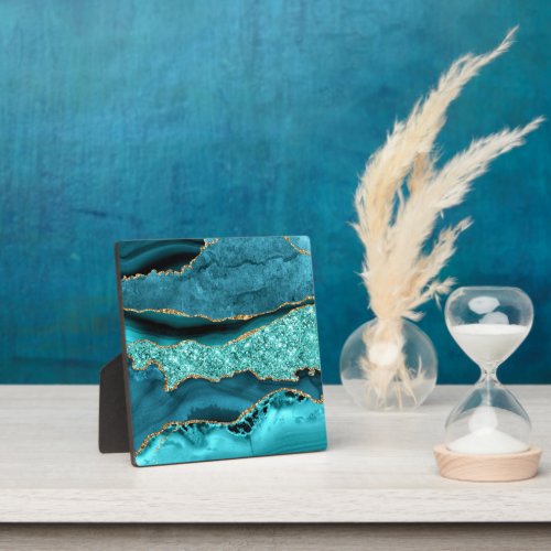 Agate Teal Blue Gold Glitter Marble Aqua Turquoise Plaque