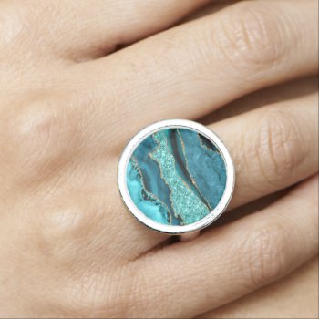 Agate Teal Blue Gold Glitter Marble Aqua Turquoise Ring by Migned at Zazzle