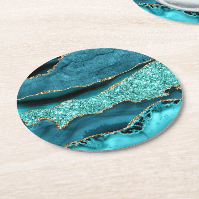 Agate Teal Blue Gold Glitter Marble Aqua Turquoise Round Paper Coaster (Angled)