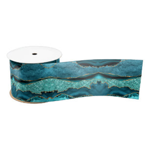 Agate Teal Blue Gold Glitter Marble Aqua Turquoise Satin Ribbon