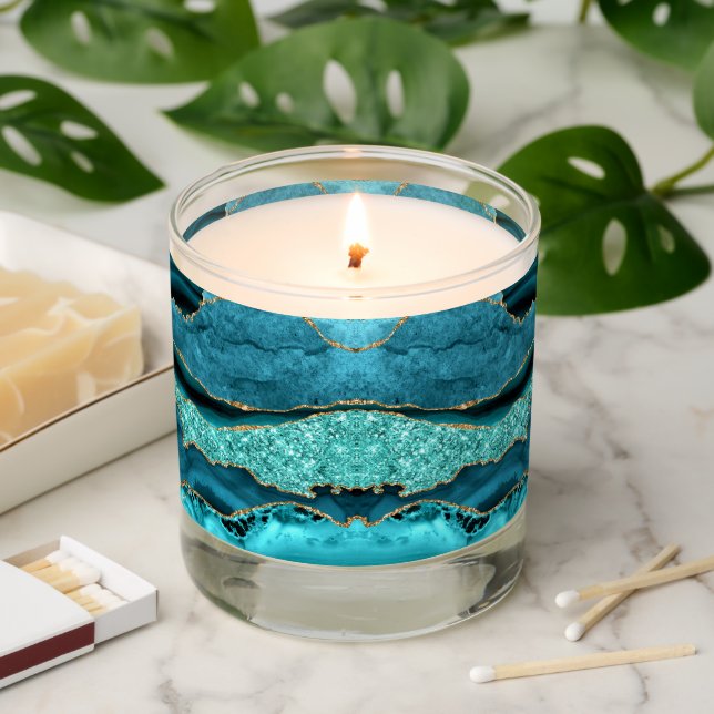 Agate Teal Blue Gold Glitter Marble Aqua Turquoise Scented Candle (Lit)