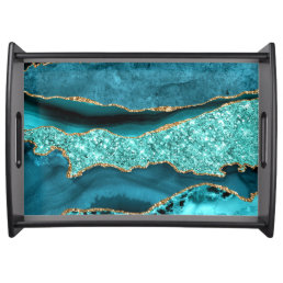 Agate Teal Blue Gold Glitter Marble Aqua Turquoise Serving Tray
