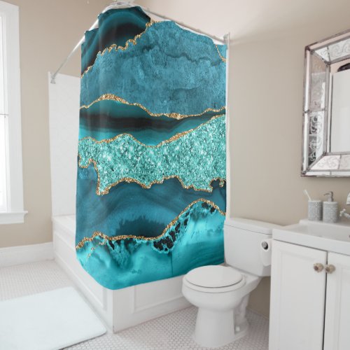 Agate Teal Blue Gold Glitter Marble Aqua Turquoise Shower Curtain