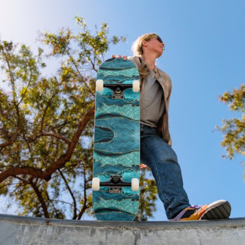 Agate Teal Blue Gold Glitter Marble Aqua Turquoise Skateboard