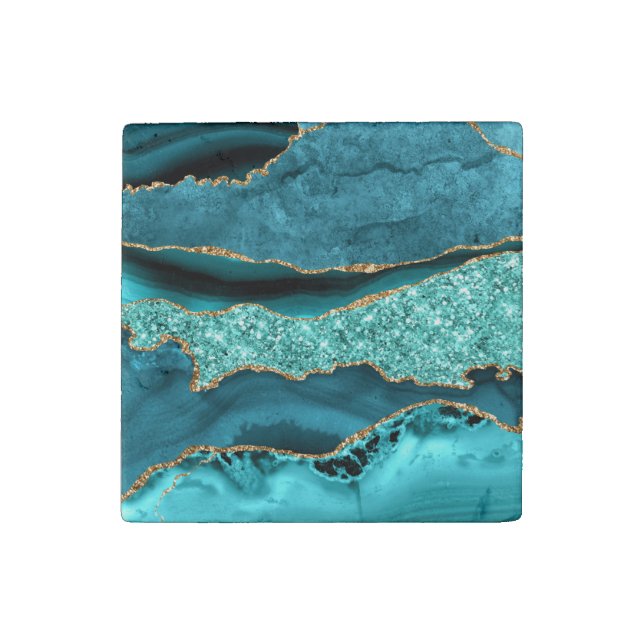 Agate Teal Blue Gold Glitter Marble Aqua Turquoise Stone Magnet (Front)