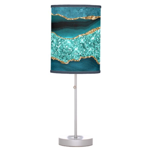 Agate Teal Blue Gold Glitter Marble Aqua Turquoise Table Lamp