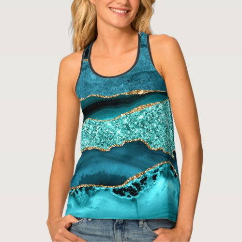 Agate Teal Blue Gold Glitter Marble Aqua Turquoise Tank Top