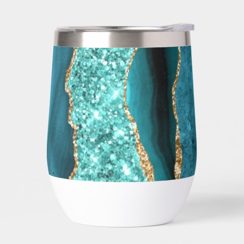 Agate Teal Blue Gold Glitter Marble Aqua Turquoise Thermal Wine Tumbler