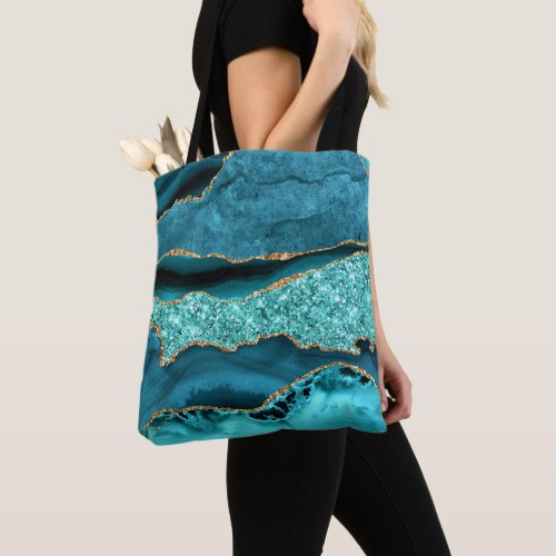 Agate Teal Blue Gold Glitter Marble Aqua Turquoise Tote Bag