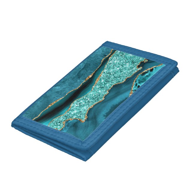 Agate Teal Blue Gold Glitter Marble Aqua Turquoise Trifold Wallet (Bottom)