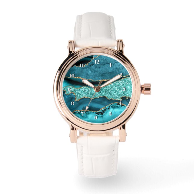 Agate Teal Blue Gold Glitter Marble Aqua Turquoise Watch (Front)