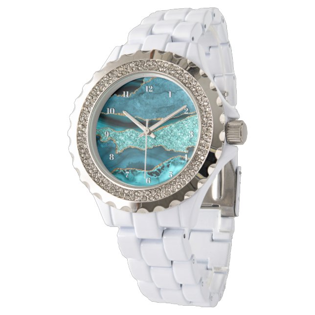 Agate Teal Blue Gold Glitter Marble Aqua Turquoise Watch (Angled)