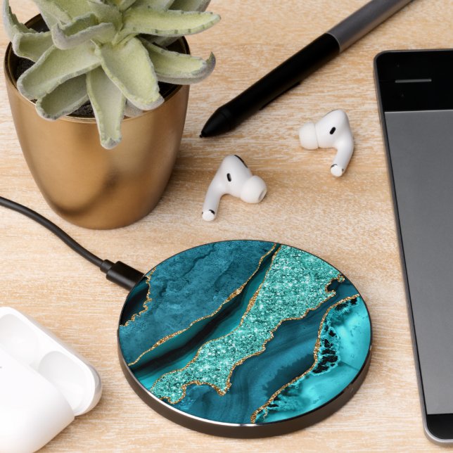 Agate Teal Blue Gold Glitter Marble Aqua Turquoise Wireless Charger (Desk 2)