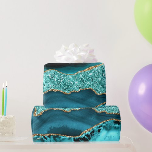 Agate Teal Blue Gold Glitter Marble Aqua Turquoise Wrapping Paper
