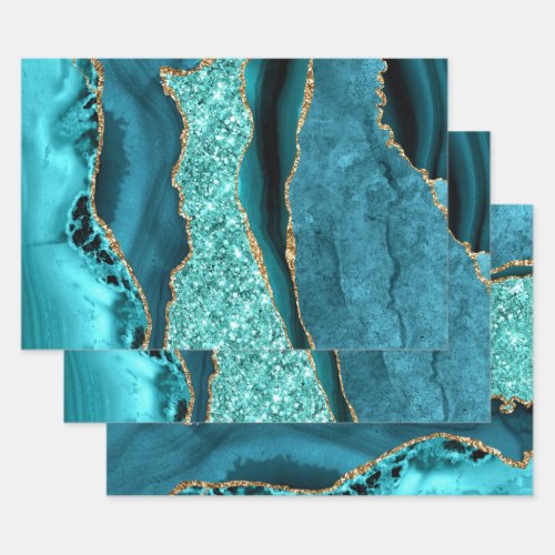 Agate Teal Blue Gold Glitter Marble Aqua Turquoise Wrapping Paper Sheets