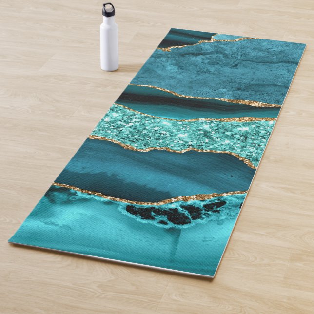 Agate Teal Blue Gold Glitter Marble Aqua Turquoise Yoga Mat (In Situ)