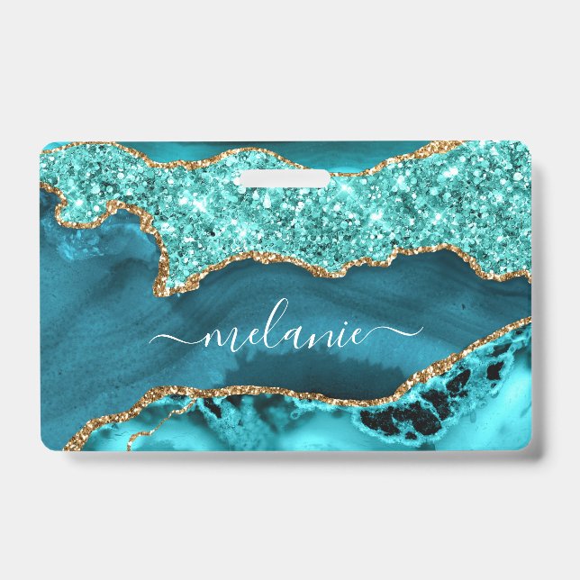 Agate Teal Blue Gold Glitter Marble Custom Name Badge (Front)