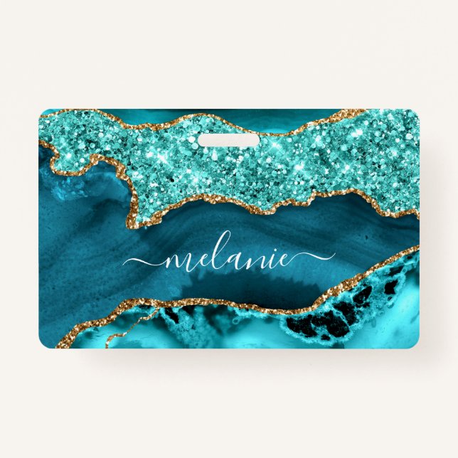 Agate Teal Blue Gold Glitter Marble Custom Name Badge (Front)
