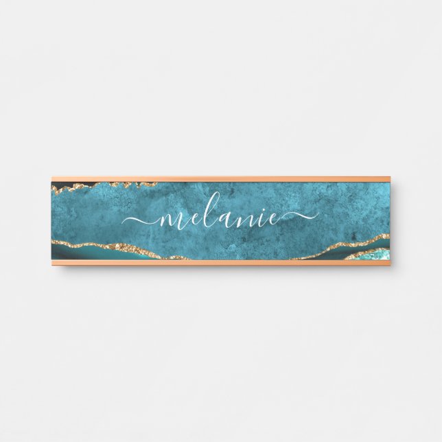 Agate Teal Blue Gold Glitter Marble Name Door Sign (Front)