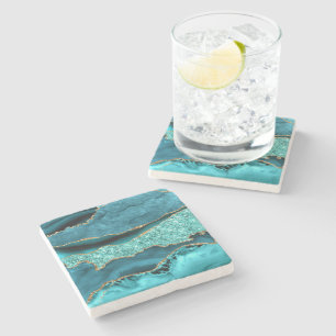Agate Teal Blue Gold Glitter Marble Stone Coaster