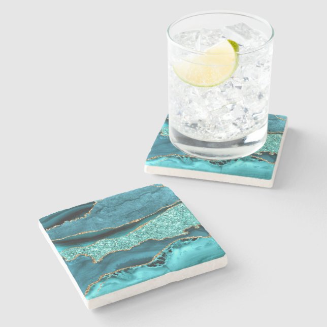 Agate Teal Blue Gold Glitter Marble Stone Coaster (Side)