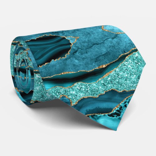 Agate Teal Blue Gold Glitter Turquoise Neck Tie