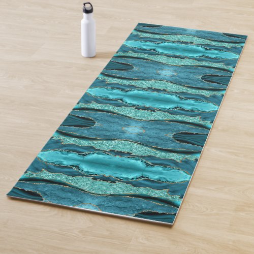 Agate Teal Blue Gold Glitter Turquoise Yoga Mat