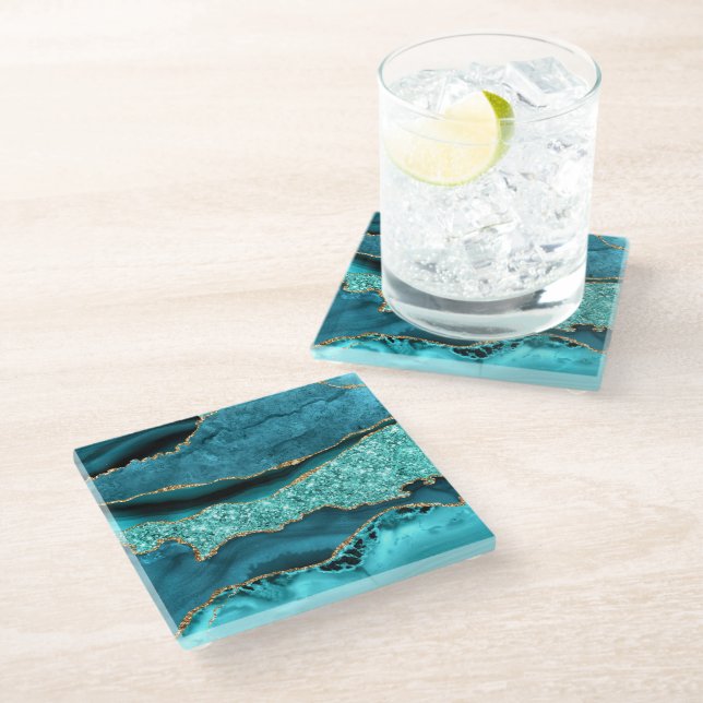 Agate Teal Blue Gold Marble Aqua Glass Coaster (Angled)