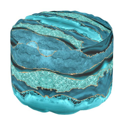 Agate Teal Blue Gold Marble Aqua Turquoise Pouf