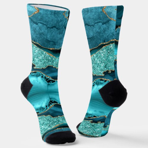 Agate Teal Blue Gold Marble Aqua Turquoise Socks