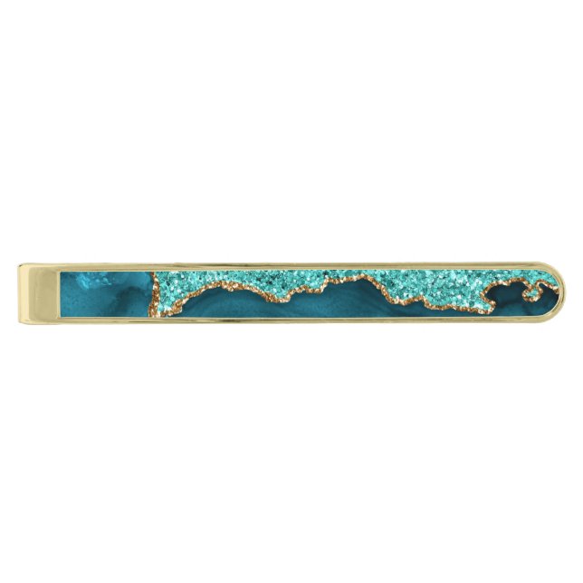 Agate Teal Blue Gold Marble Aqua Turquoise Tie Bar (Front)