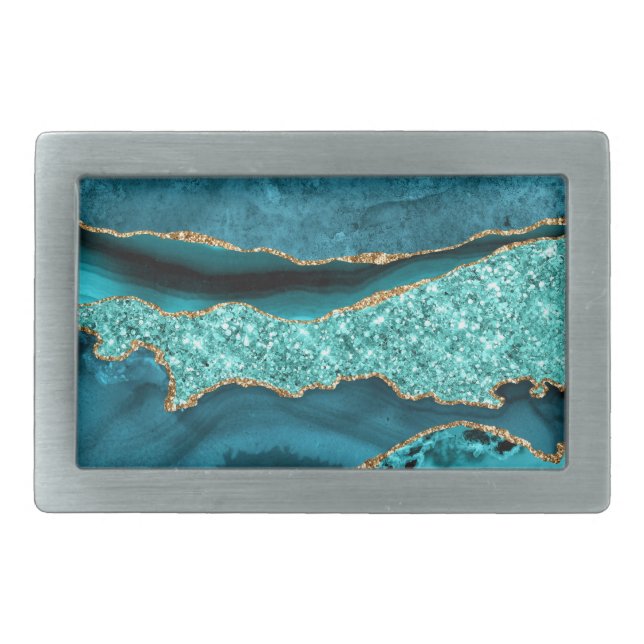 Agate Teal Blue Gold Marble Turquoise Belt Buckle (Front)