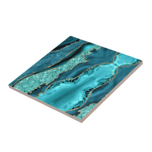 Agate Teal Blue Gold Marble Turquoise Ceramic Tile